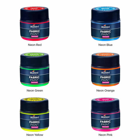 Bluebird Fabric Paints 25 ML x 6 - Neon Shades - Permanent Textile Paints for Clothes