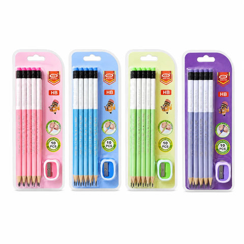 Shop the HB Pencil Set with Sharpener at Qasimstationers.pk. This 10 PCS set in pastel colors is ideal for school and office use. Order today!