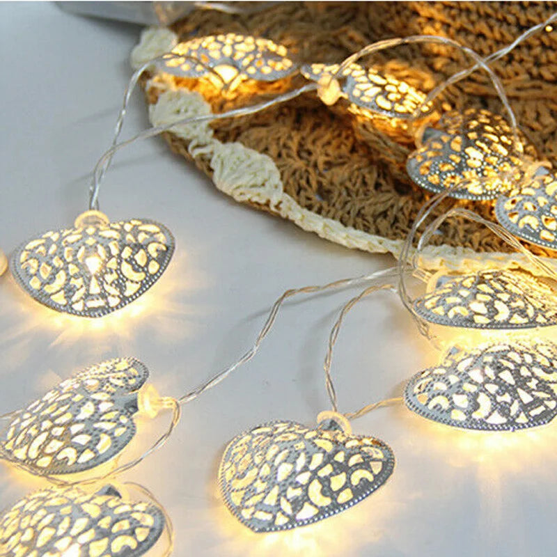 Electric golden heart LED metal string lights for Ramadan and celebration home decoration