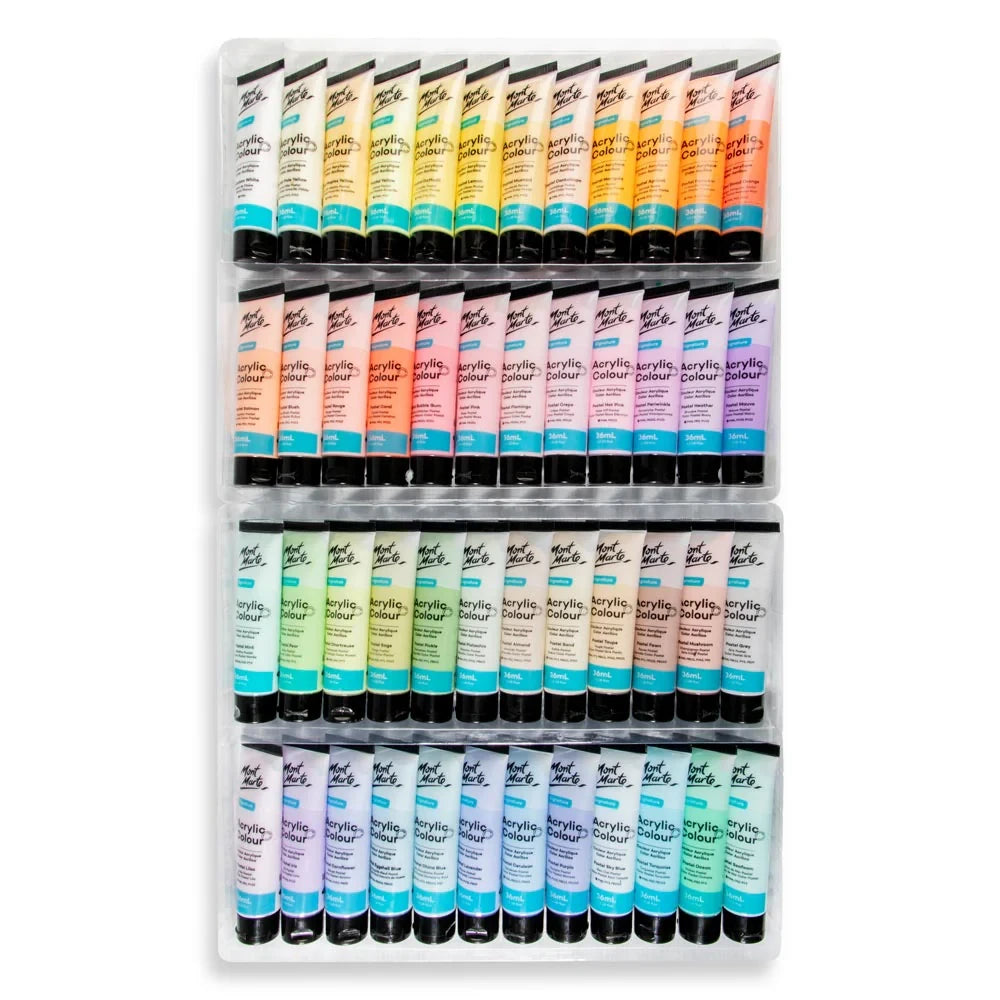 Mont Marte Acrylic Pastel Colour Paint Set 48 pieces x 36ml tubes – creamy texture, semi-matte finish, fast-drying for art and crafts.