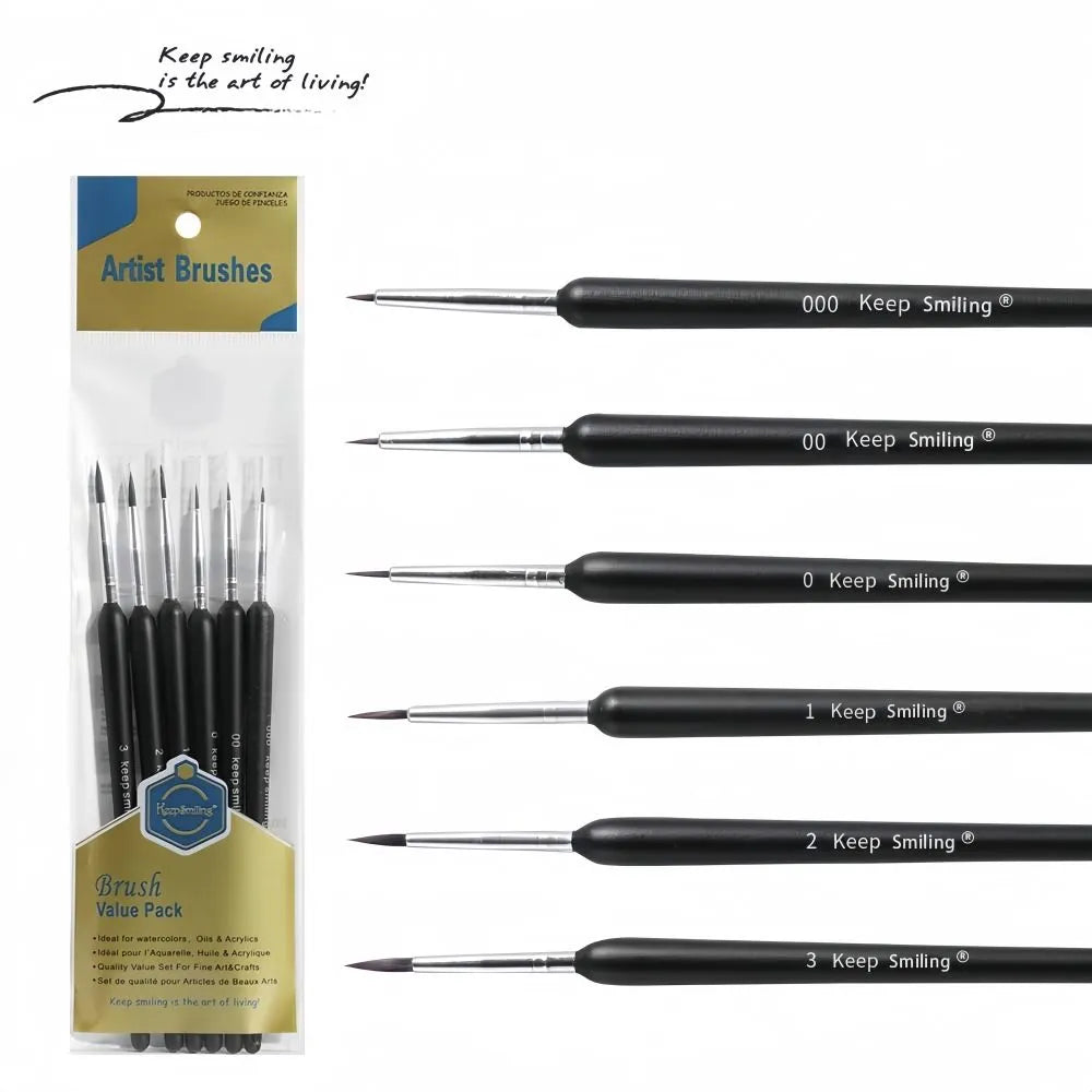 Keep Smiling 6pcs Detail Paint Brush Set with fine nylon tips for acrylic and watercolor painting, ideal for detailed artwork and smooth precision strokes.
