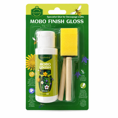 Shop Keep Smiling MOBO Finish Gloss for Decoupage Crafts, 60ml with foam sponge brush. Find the best price at Qasimstationers.pk and unleash your creativity!