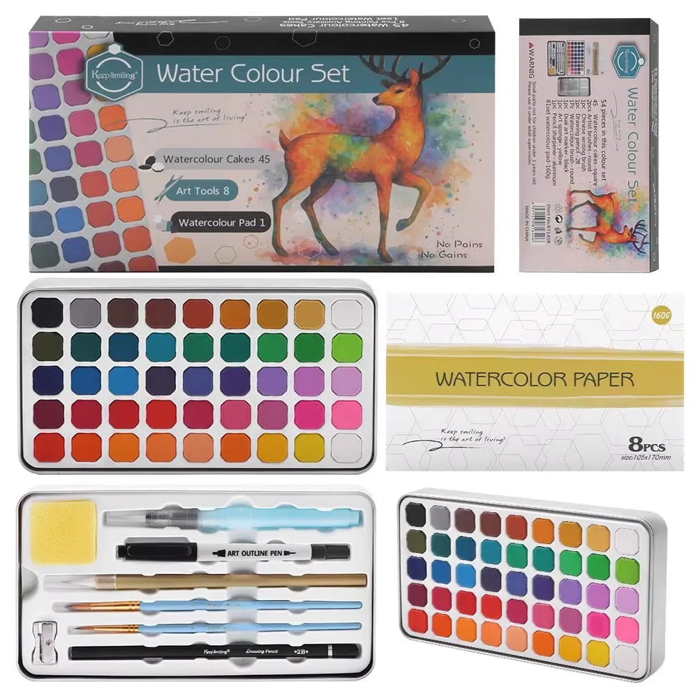 Explore the vibrant Keep Smiling Solid Watercolor Paint Set, 45 pieces including a water brush and paper. Best prices await you at Qasimstationers.pk!