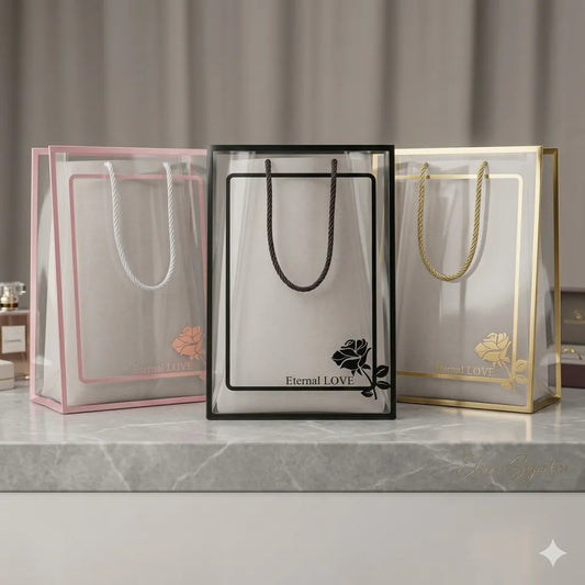 Shop our luxury transparent gift bag with a rope handle, designed for stationery hampers and exquisite gift packaging. Dimensions: 30x20x12cm.