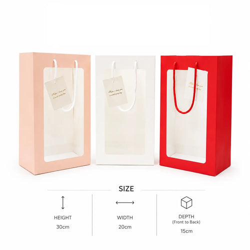 Shop the Luxury Transparent Window Gift Bag with Rope Handle at Qasimstationers.pk. Perfect for flowers, chocolates, and hampers—premium quality at the best price!