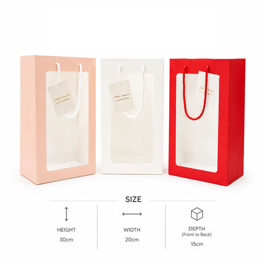 Shop the Luxury Transparent Window Gift Bag with Rope Handle at Qasimstationers.pk. Perfect for flowers, chocolates, and hampers—premium quality at the best price!