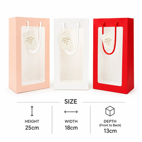 Shop the Luxury Transparent Window Gift Bag with Rope Handle at Qasimstationers.pk. Perfect for presenting flowers, chocolates, and special gifts elegantly.