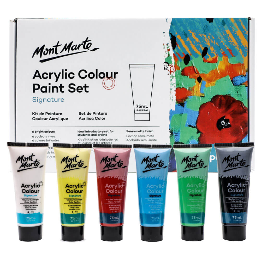 Experience the versatility of the MONT MARTE Acrylic Colour Paint Set. With 6 x 75ml tubes, enjoy a semi-matte finish and quick layering on various materials.