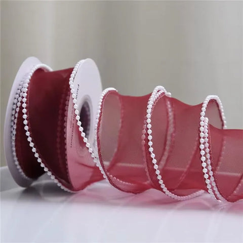 1.5 Inch Organza Ribbon with Beads Wavy Edge Ribbon For Flower Bouquet Gifts Packaging Wedding Party Decoration Sewing Supplies DIY Craft