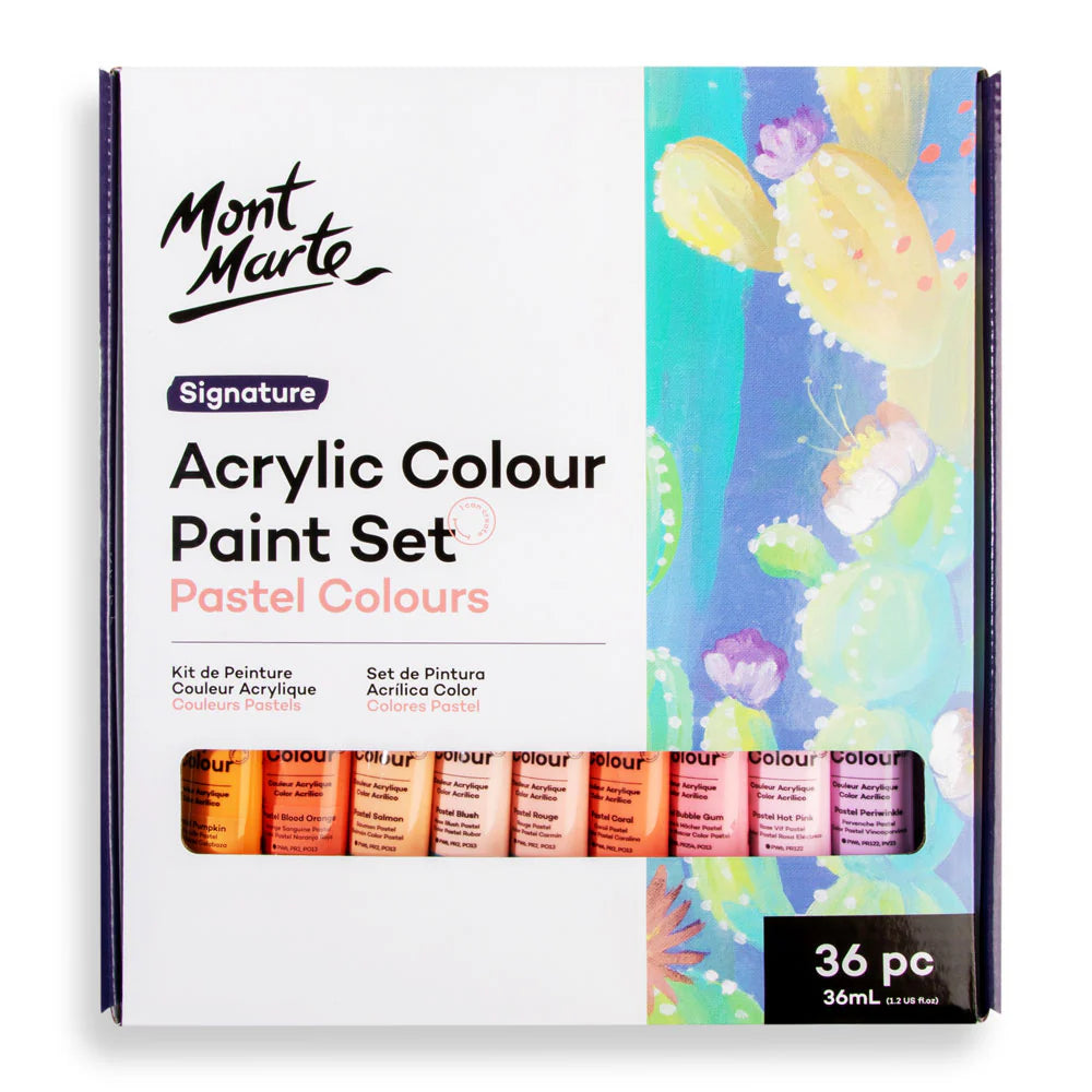Acrylic Pastel Colour Paint Set 36 pieces x 36ml tubes – creamy texture, semi-matte finish, fast-drying for art and crafts.
