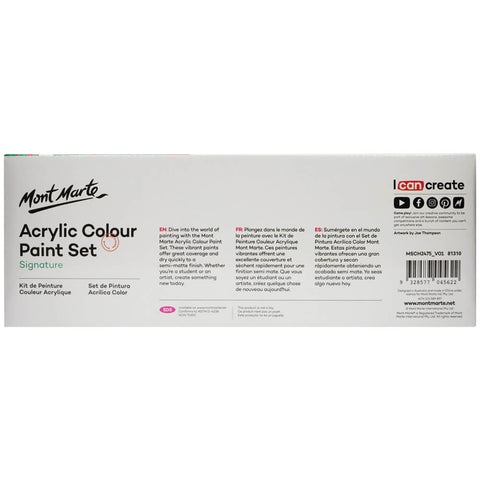 Mont Marte Acrylic Paint Set 24pc x 75ml – creamy texture, good coverage, and fast-drying for easy layering. Semi-matte finish, works on canvas, wood, clay, leather & more