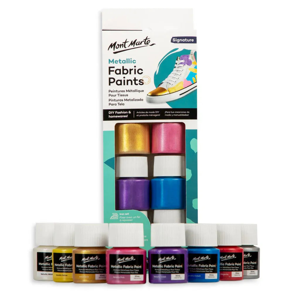 Shine bright with our Metallic Fabric Paints! Perfect for customizing clothes and homewares, these 8 shades are mixable and durable. Create your masterpiece now!