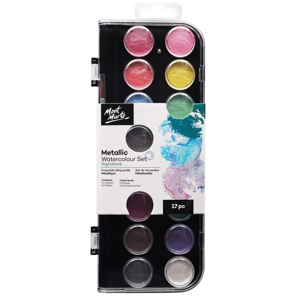 Create breathtaking artworks with our Signature Metallic Watercolour Set! Comes with 16 metallic shades and a brush, perfect for any artist's collection.