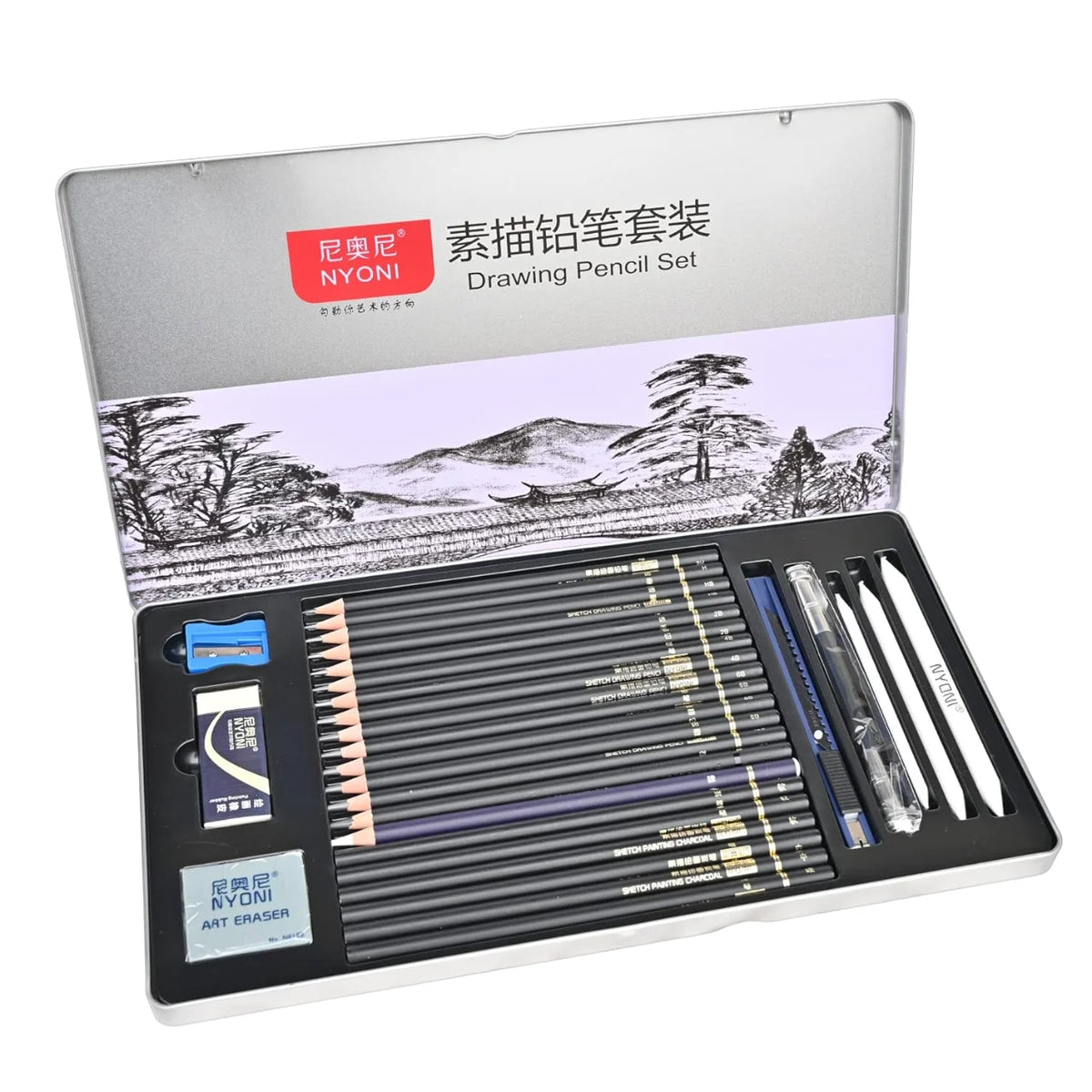 NYONI Sketching Pencils Set, Metal Box Packaging, Including Graphite Pencils Charcoal Pencils Blending Stumps and other tools for drawing set with 29pcs at Best Price in Pakistan. Best Art Supplies, Office & Stationery Store. ✓ Free Delivery ✓ Cash on Delivery ✓ Deals