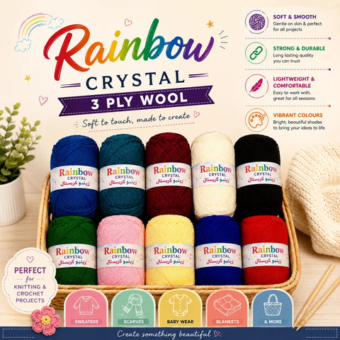 Shop the Rainbow Double Knit Yarn Ball, 3ply 80g for soft and colorful knitting and crochet. Visit Qasimstationers.pk for unbeatable prices today!