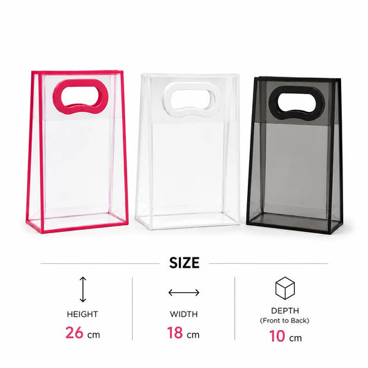 Shop high-quality transparent PVC gift bags with die-cut handles. Ideal for eco-friendly shopping and gifting. Visit Qasimstationers.pk for the best prices!