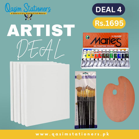 Packaged Includes
10 x Multi shapes Brushes
Large Wooden Palette

Marie's Oil Paints&nbsp;
5 pcs Canvas 12x12
Excellent Material Quality
Original Brands