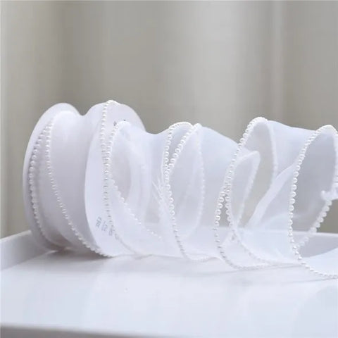 1.5 Inch Organza Ribbon with Beads Wavy Edge Ribbon For Flower Bouquet Gifts Packaging Wedding Party Decoration Sewing Supplies DIY Craft