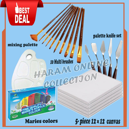 27 Pcs/Set Value Pack For Artist - Canvases, Acrylic Paints, Multi Shape Brushes and 10