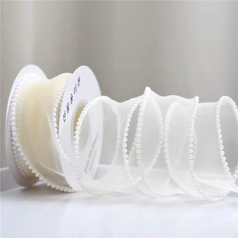 1.5 Inch Organza Ribbon with Beads Wavy Edge Ribbon For Flower Bouquet Gifts Packaging Wedding Party Decoration Sewing Supplies DIY Craft