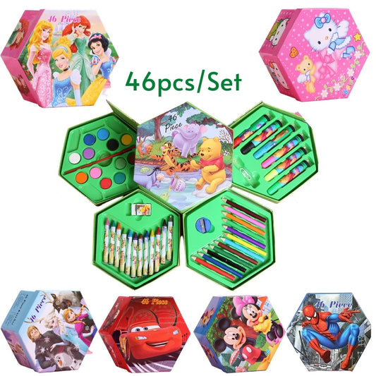 Hexagonal Coloring Box Art Kit Set Of 46 Pieces With Color Pencils, Crayons, Water Color, Marker Pens for kids